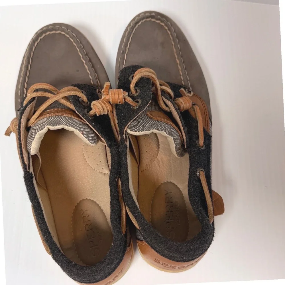 Sperry Women's Boat Shoes‎ Grey Tan Leather Fabric Lace Up Size 7M